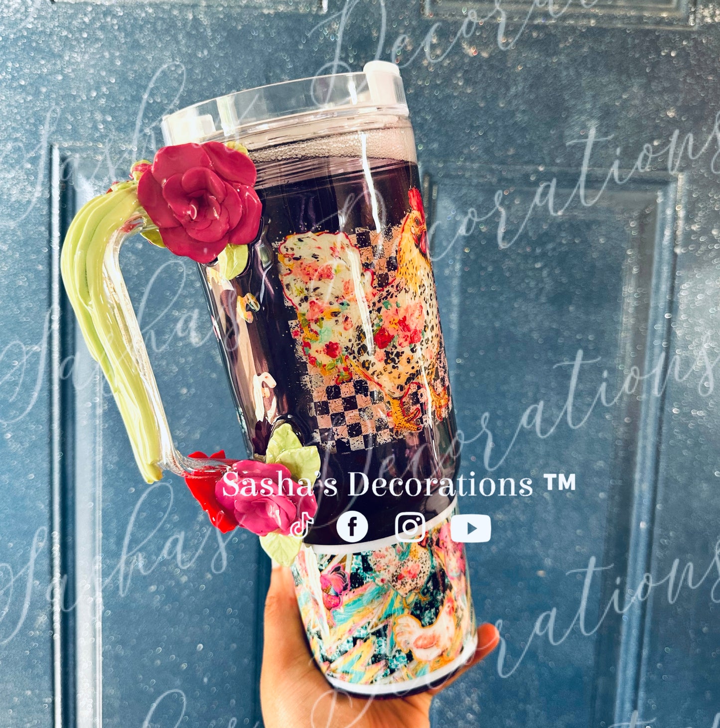 Floral Chicken 40 oz snow globe tumbler cup w/ handle