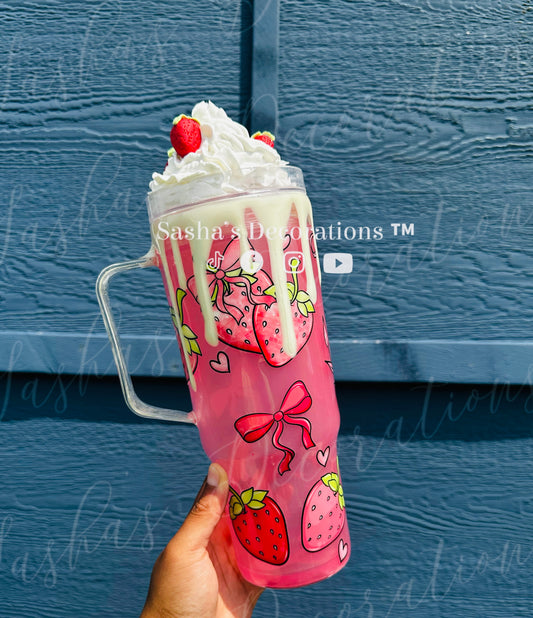 3D Strawberry 40 oz Snow Globe Tumbler Cup with Handle