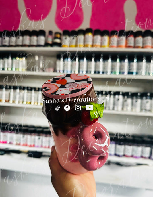 Pink 3D Strawberry Donuts Snow globe Tumbler Cup