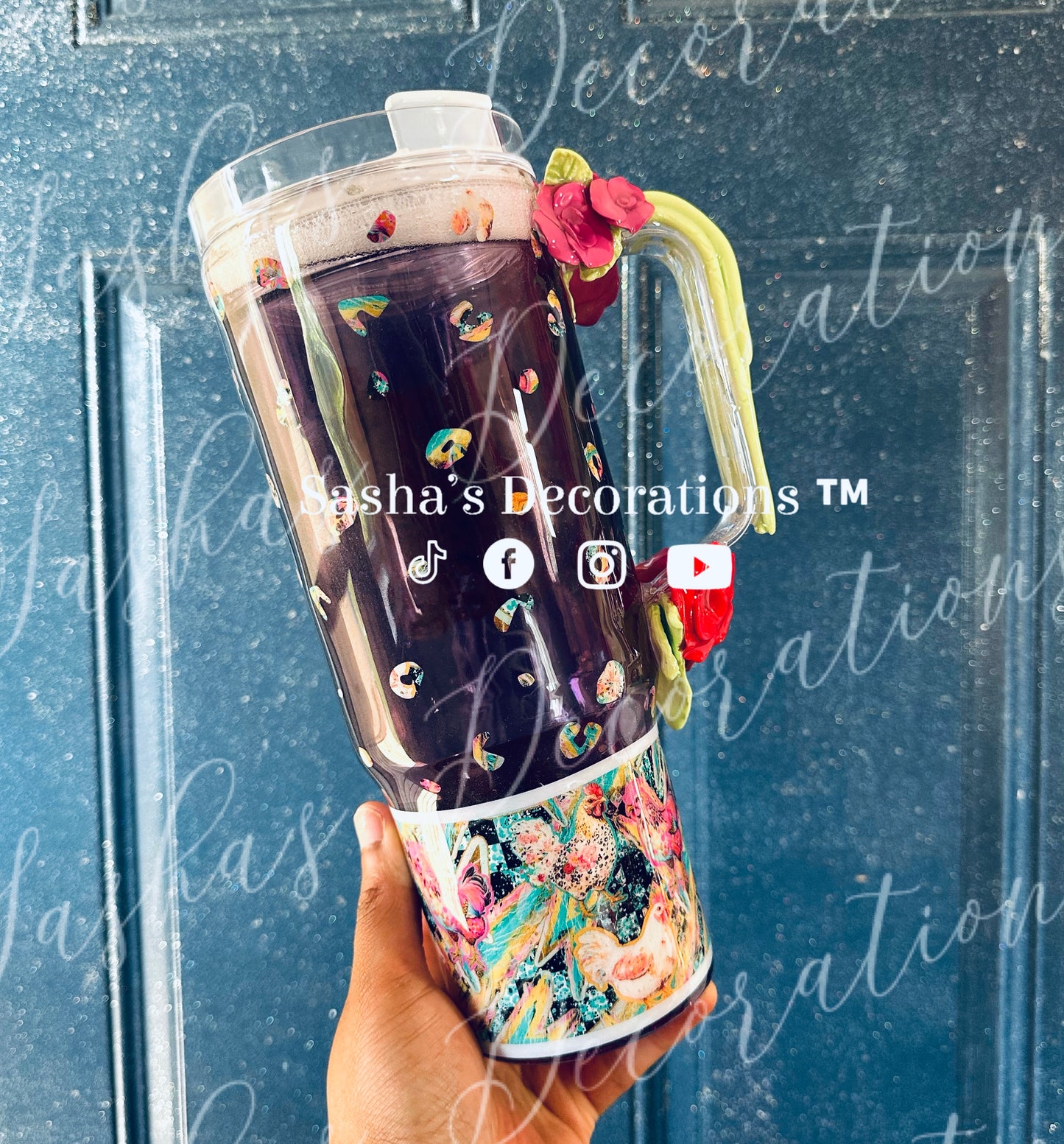 Floral Chicken 40 oz snow globe tumbler cup w/ handle