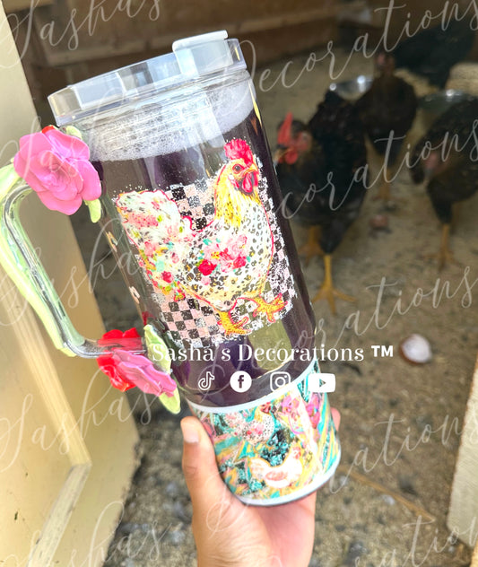 Floral Chicken 40 oz snow globe tumbler cup w/ handle