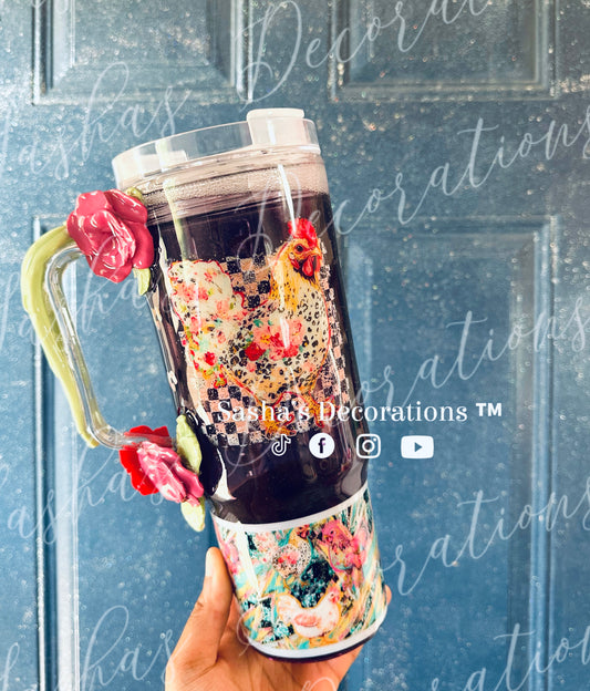 Floral Chicken 40 oz snow globe tumbler cup w/ handle