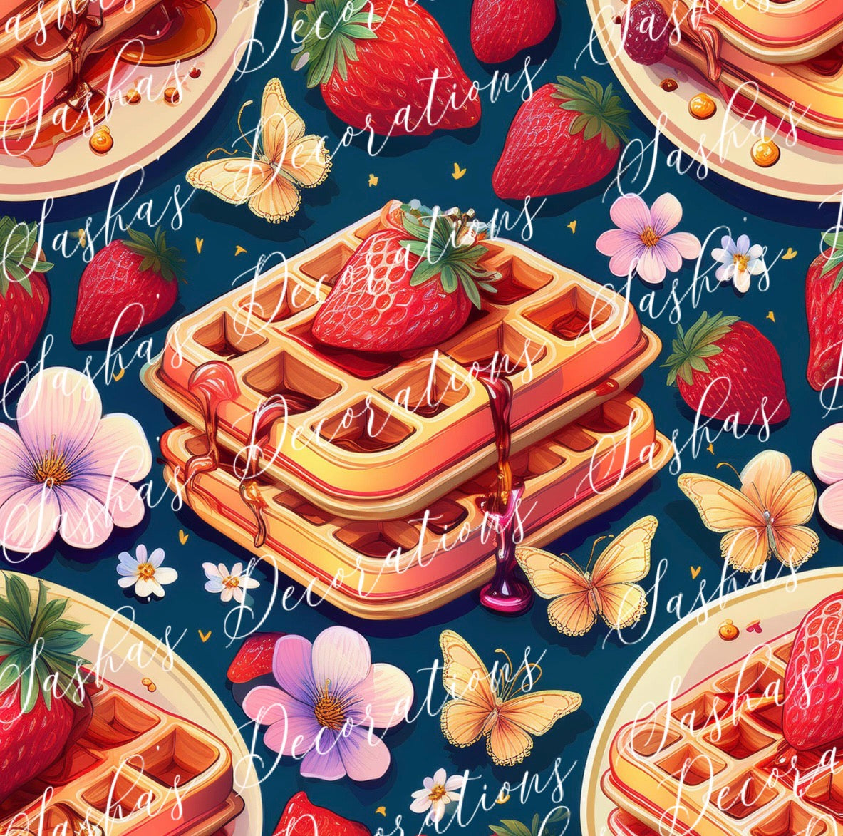 Dark Background Floral Strawberry Waffle Seamless DIGITAL DOWNLOAD