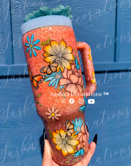 Orange Floral 40 ounce Tumbler Cup