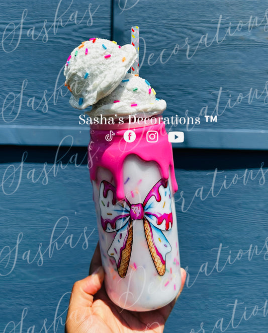 3D Ice Cream Bow w/ Sprinkles Snow Globe Tumbler Cup PREORDER