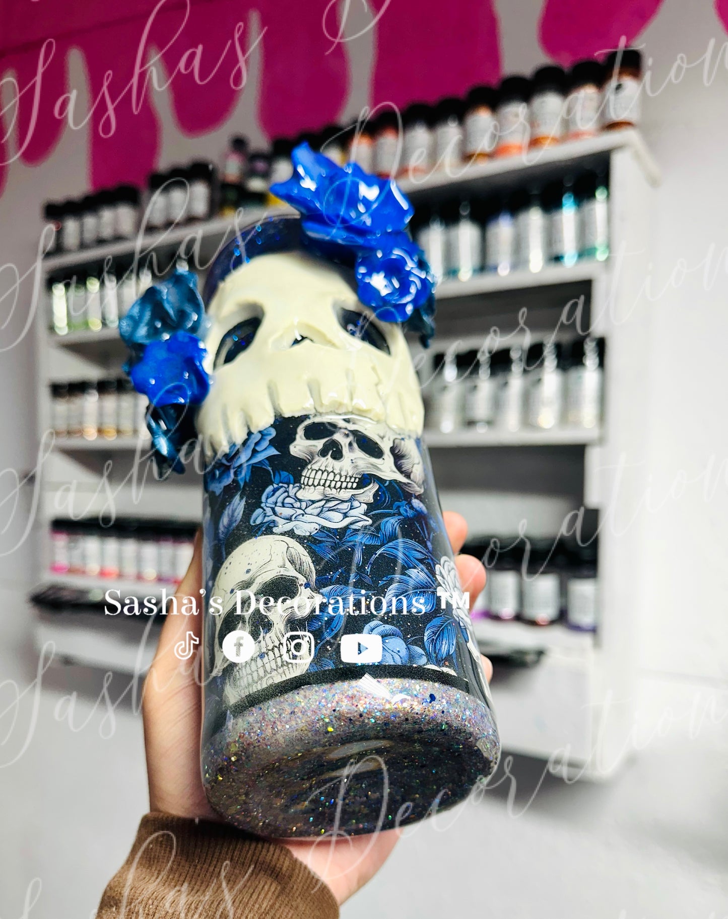 Blue Floral Skulls Tumbler Cup