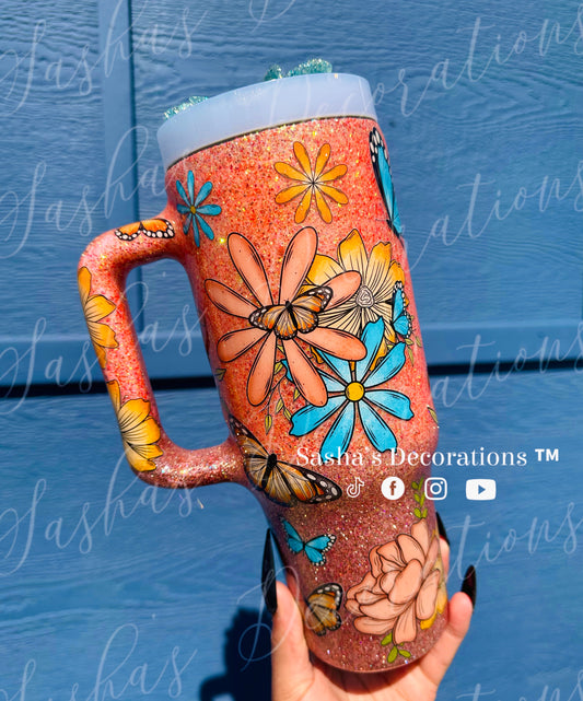 Orange Floral 40 ounce Tumbler Cup