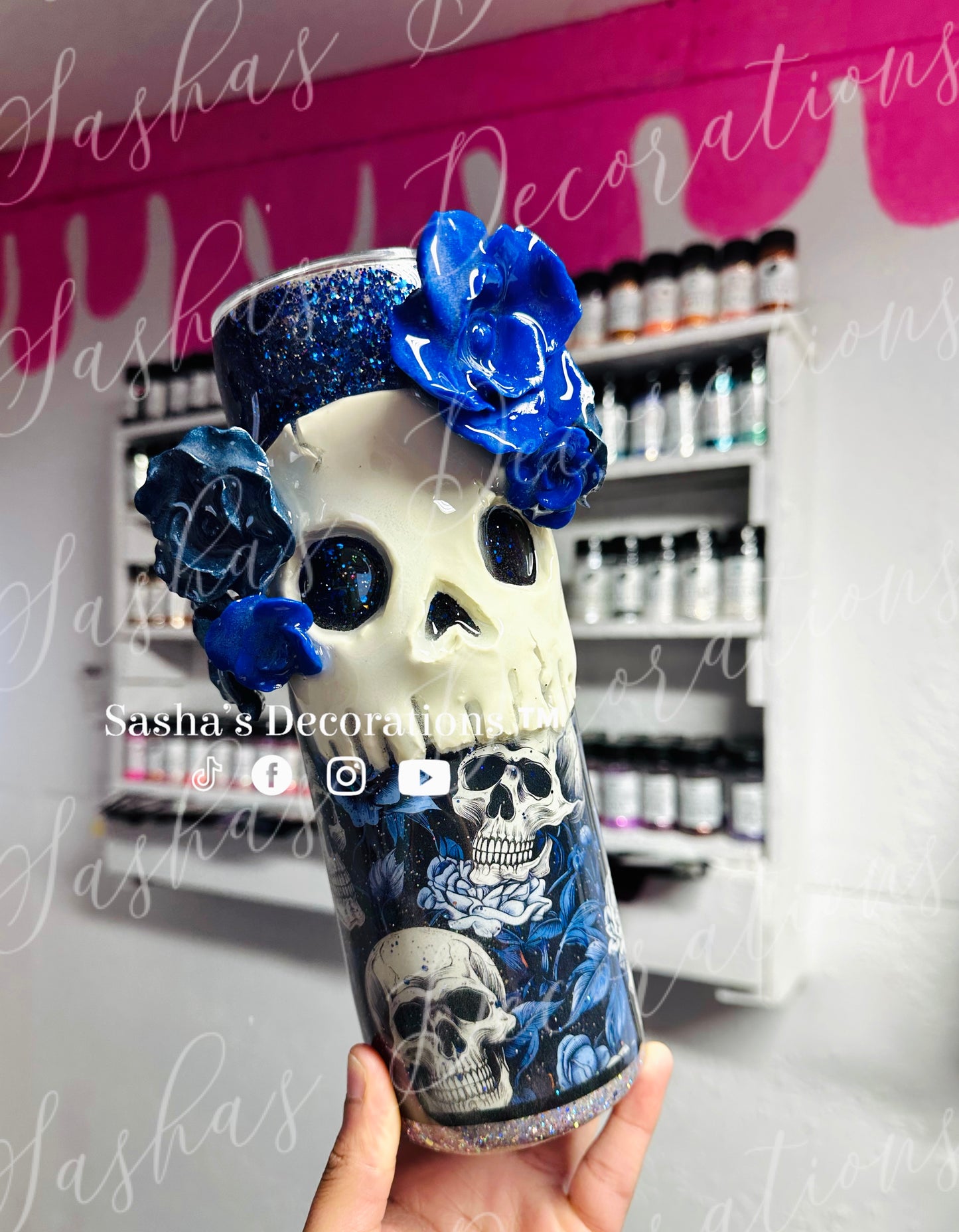 Blue Floral Skulls Tumbler Cup