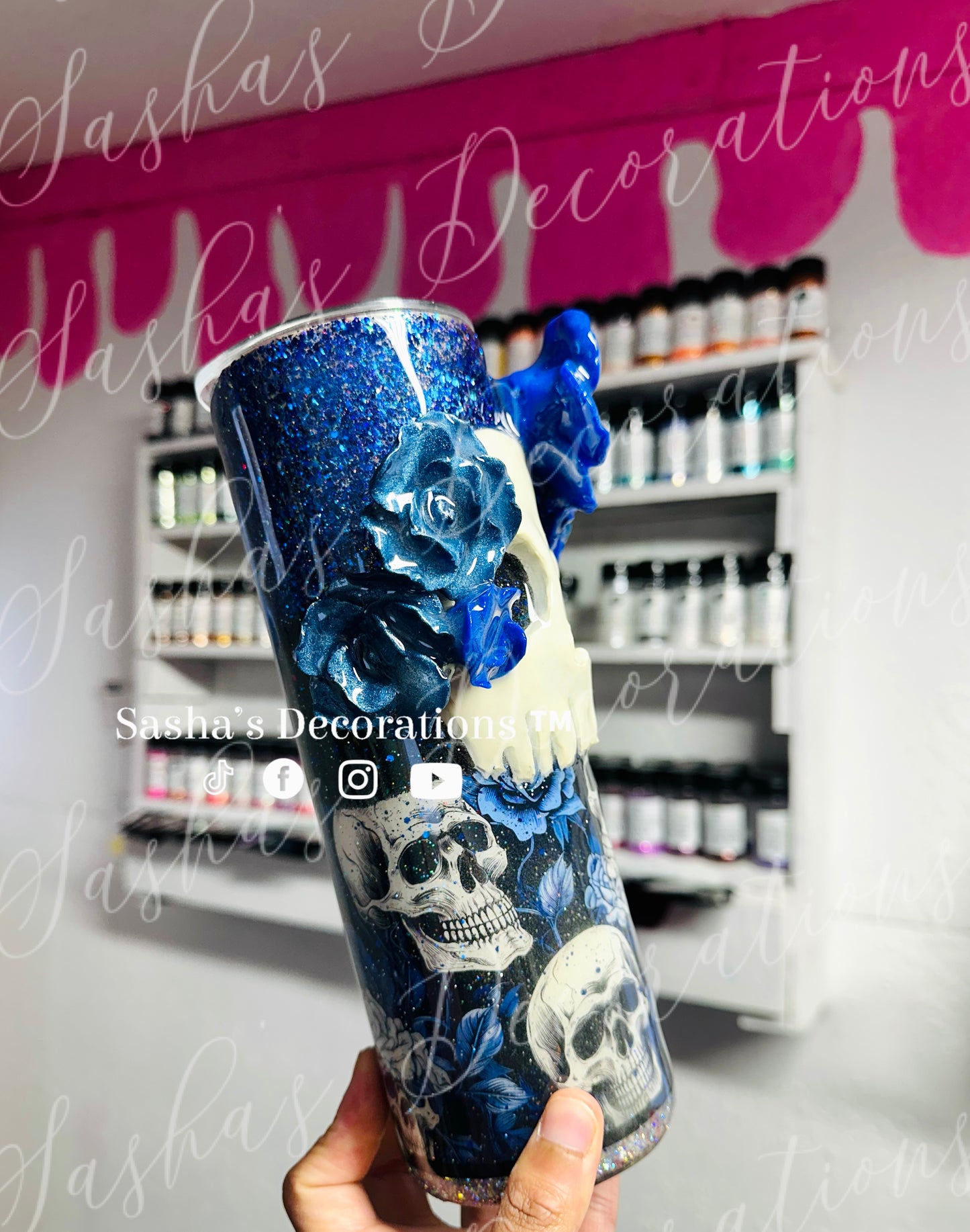 Blue Floral Skulls Tumbler Cup