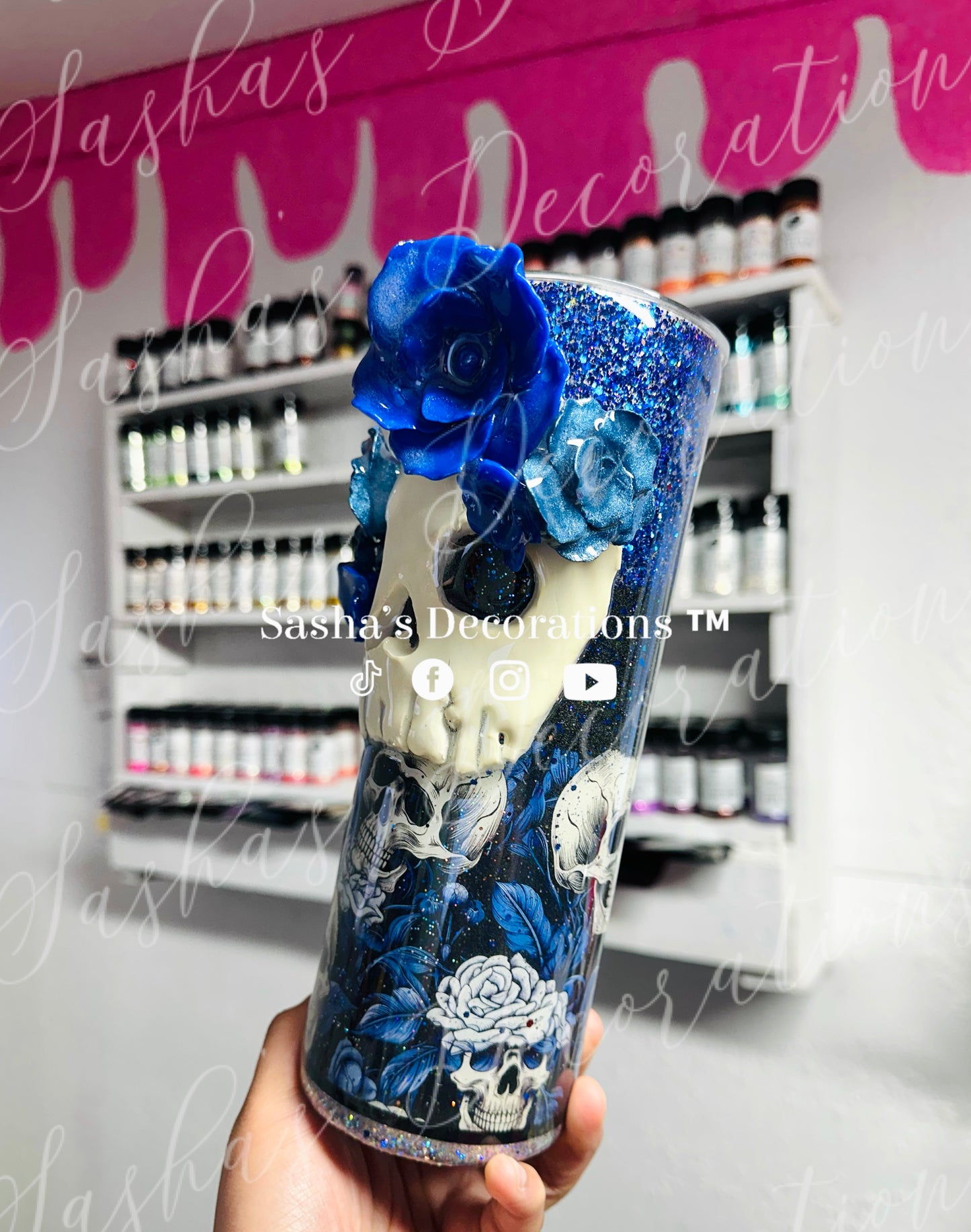 Blue Floral Skulls Tumbler Cup