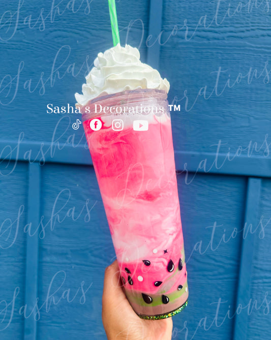 Faux Watermelon Frappuccino Acrylic Snowglobe Tumbler Cup