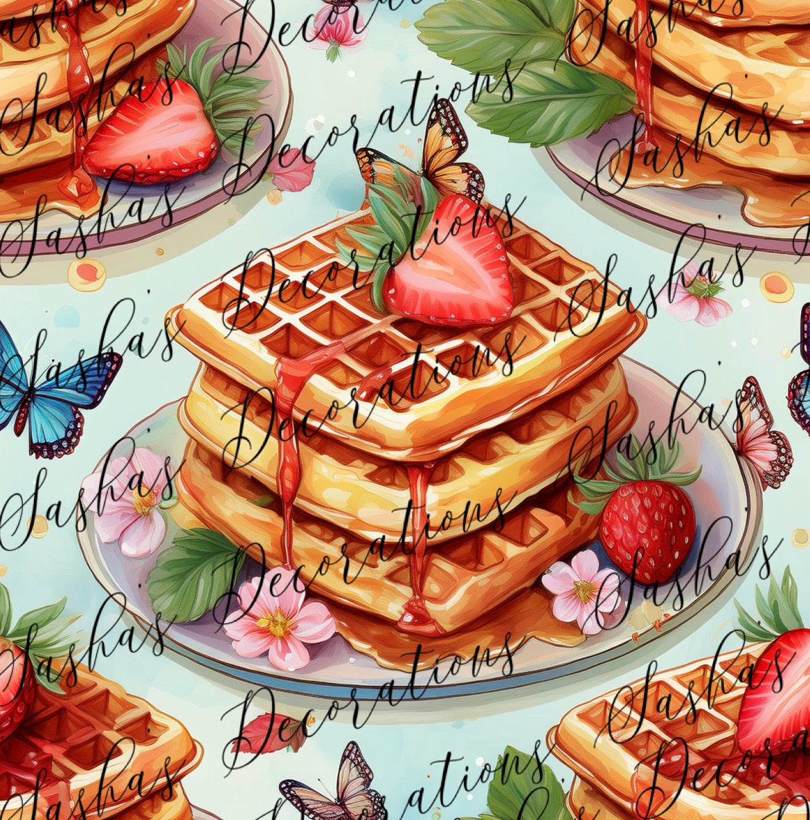 Floral Strawberry Waffle (Light Blue Background) VINYL