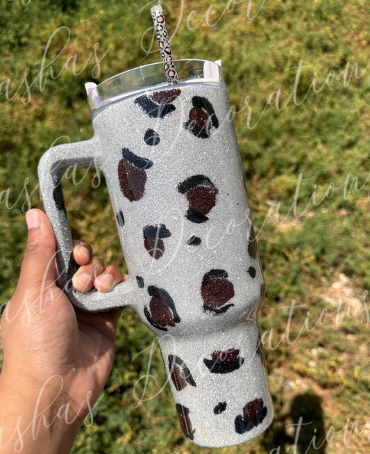 A 40 ounce leopard cup